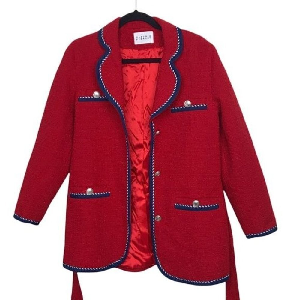 Claudie Pierlot Red Gamin Contrast Trim Tweed Coat Jacket Size 4 - Picture 5 of 15